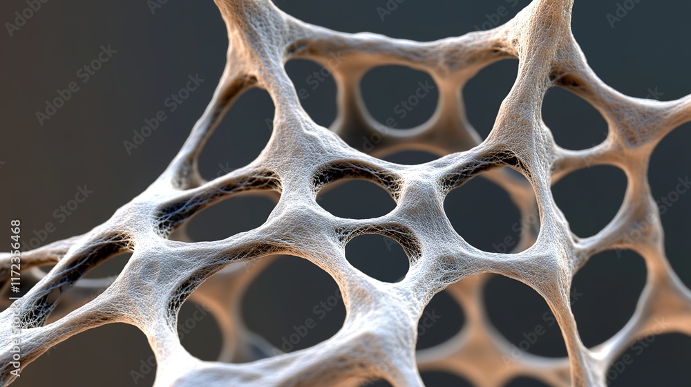 Poster intricate abstract network structure with hollow spheres and fibers