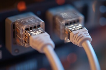 Ethernet cables connected data center macro photography digital environment close-up view networking concept