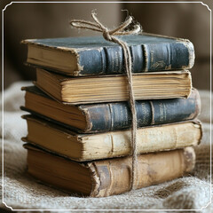 Stacked antique books tied with twine on cloth; blurred background