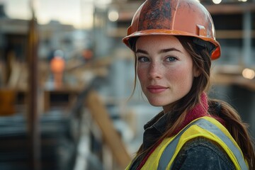 Determined female engineer on construction site urban environment portrait photography focused perspective empowerment concept