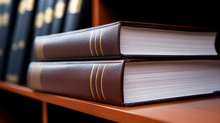 Two stacked books on a wooden bookshelf.
