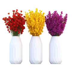 Obraz premium Three vibrant flower arrangements in white vases, showcasing red, yellow, and purple blooms.