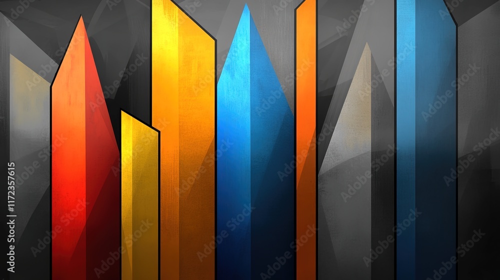 Poster colorful abstract bar graphs on geometric background for data visuals