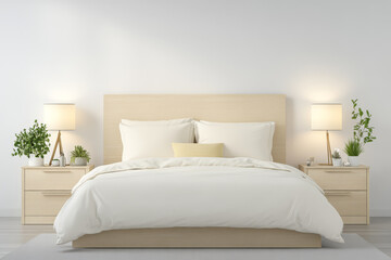 Modern minimalist bedroom design with natural elements and soft lighting