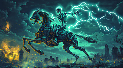 skeleton riding a horse with lightning enveloping it
