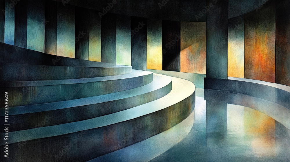 Poster abstract architectural design with curved steps and colorful lights