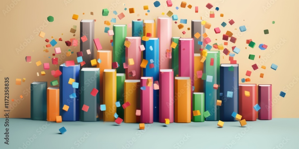 Poster a colorful explosion of knowledge: vibrant books and cubes in a dynamic 3d composition