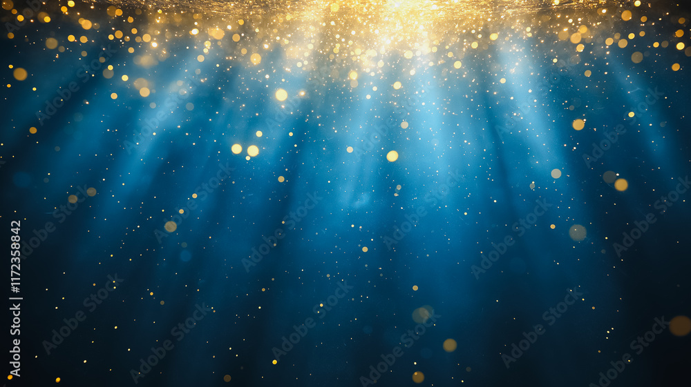 Poster celestial blue: shimmering golden light beams down through a deep blue, ethereal atmosphere. sparkli