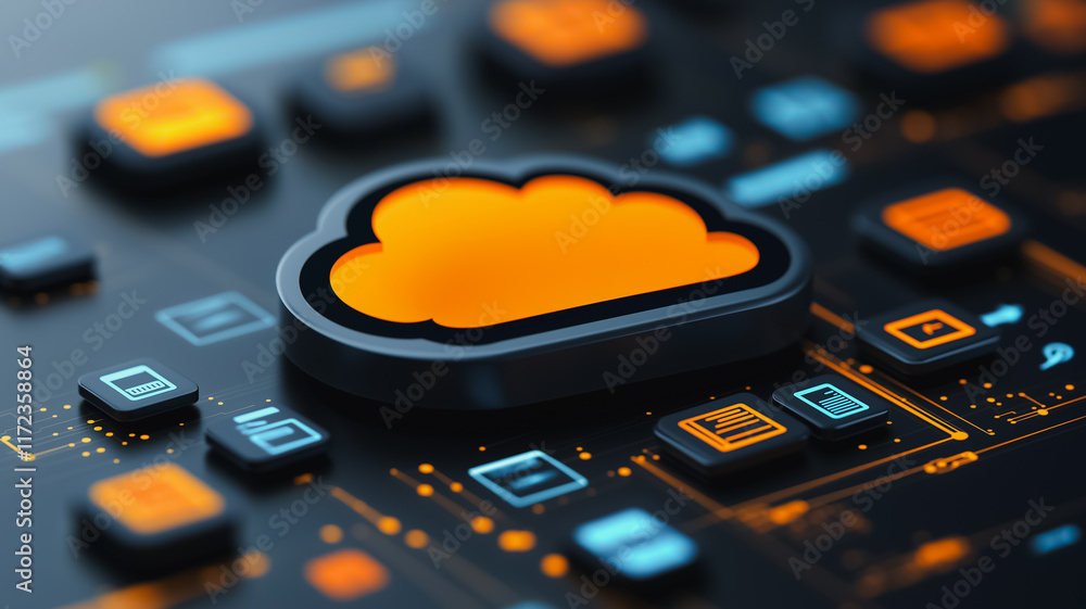 Poster cloud computing power: a glowing orange cloud computing icon rests on a futuristic circuit board, sy