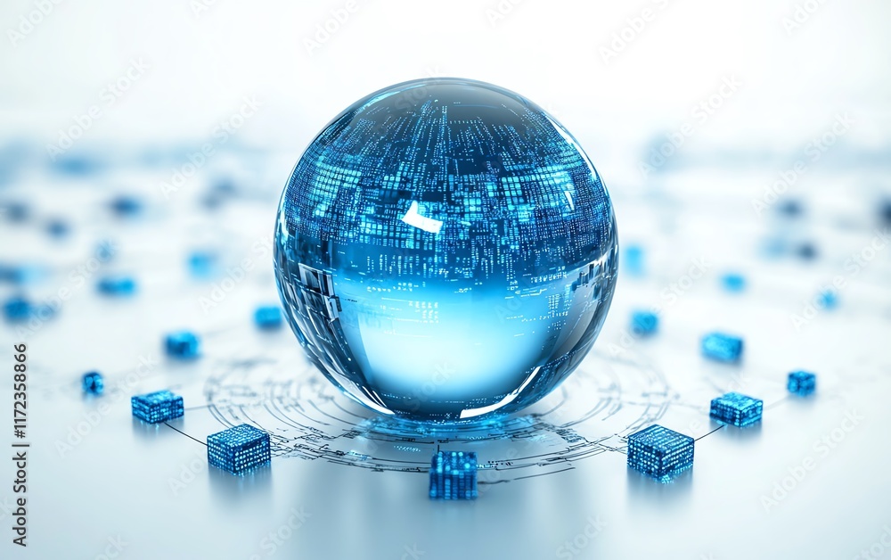 Poster contemporary blue glass globe on a white background, surrounded by small blocks of digital data and 