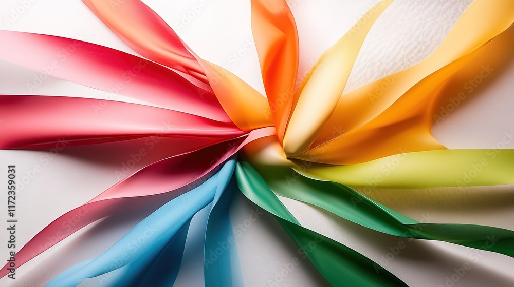 Poster vibrant colors of ribbons arranged in a circular pattern on surface