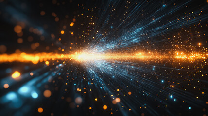 Obraz premium Cosmic Burst: Abstract artwork depicting a vibrant burst of light and energy, streaking across a dark background with glittering particles. Perfect for futuristic and technology concepts. 