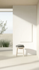 Fototapeta premium Modern minimalist interior design featuring a simple stool and natural light