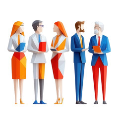 A group of five stylized business professionals in vibrant, geometric outfits, engaged in conversation while holding documents.