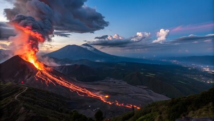 Fototapeta premium Fiery Volcanic Eruption Illuminating Twilight Sky and Dark Landscape V8