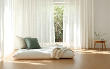 Fototapeta premium Minimalist indoor space with natural light and green accents for relaxation or meditation