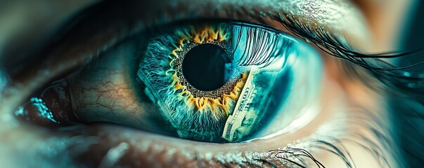Detailed closeup of an eye with money appearing in the iris, evoking the concept of sellout or venal behavior with intense visual impact