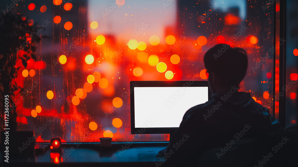 Poster night city coder: silhouette of a person working on a computer at night with a vibrant city backdrop