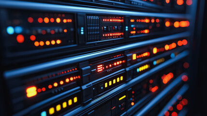 Fototapeta premium Data Center Power: Illuminating the core of digital infrastructure, this image showcases a rack of powerful servers, their glowing lights hinting at the immense processing power within. 