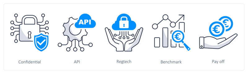 A set of 5 Euro icons as confidential, api, regtech