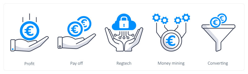 A set of 5 Euro icons as profit, pay off, regtech