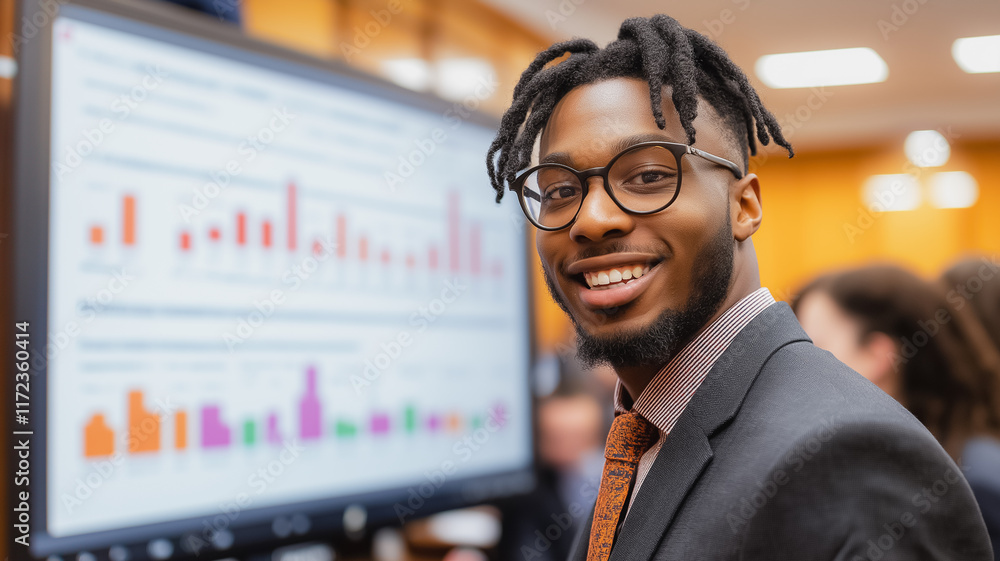 Poster confident analyst: portrait of a smiling young black businessman in a suit, standing confidently in 