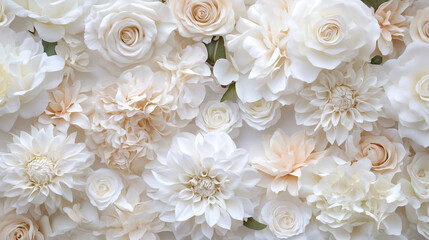 Elegant white floral arrangement empty space for text, Delicate white textured backdrop adorned and daisies and other blossoms forming.