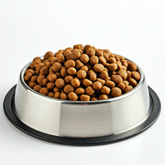 closeup of a bowl of dry dog food on a white background
