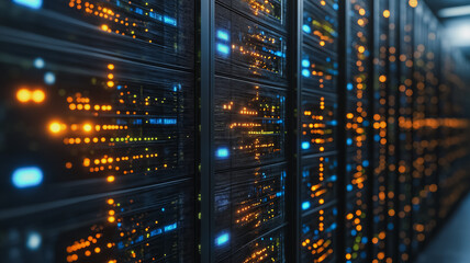 Server Room: A mesmerizing glimpse into the heart of modern technology, with rows of gleaming servers humming with data, their blinking lights a symphony of digital activity.