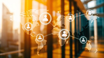 A blurred background showing interconnected world maps and business icons.
