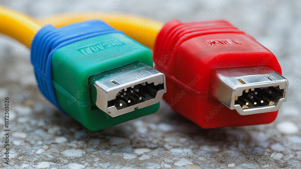 Poster connecting the dots: close-up view of two vibrant colored firewire cables, showcasing their intricat