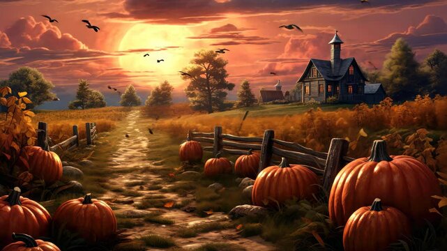 A narrow path leads to a farmhouse surrounded by pumpkins, illuminated by the setting sun. Autumn leaves fall gracefully, painting a picturesque scene