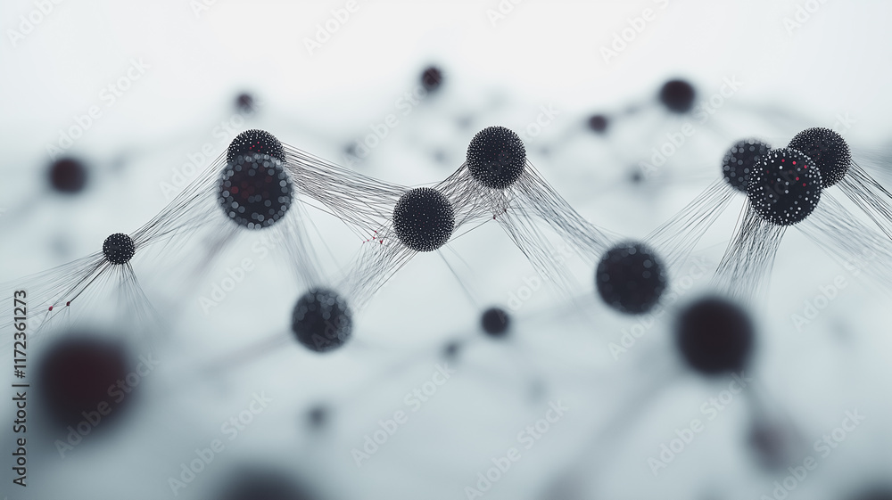 Poster interconnected network: abstract 3d rendering of a complex network of interconnected spheres, repres