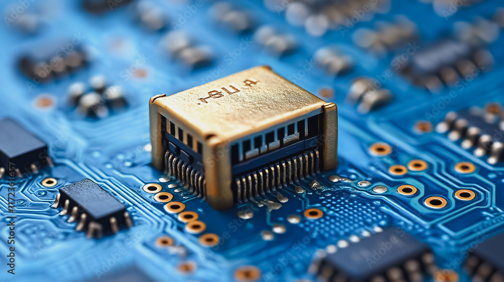 Poster microchip on circuit board: a close-up of a tiny microchip nestled amidst the intricate pathways of 