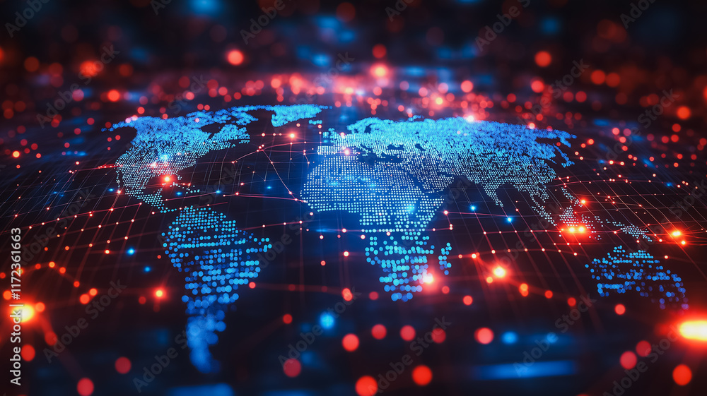 Poster global network: a mesmerizing visualization of interconnectedness. digital world map with glowing no