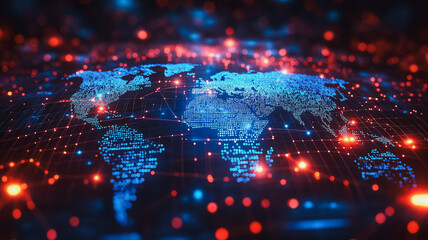 Global Network: A mesmerizing visualization of interconnectedness. Digital world map with glowing nodes representing global communication and data flow. Futuristic technology concept.