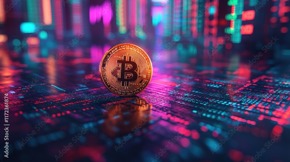 Poster bitcoin coin on vibrant digital background with glowing patterns