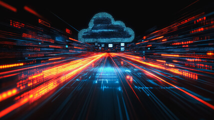 Data Highway to the Cloud:  A futuristic digital landscape featuring a prominent cloud icon at the center of a dynamic data stream, signifying seamless connectivity and data flow.