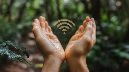 Protecting Our Connection: A pair of hands gently cradles a glowing wifi symbol, symbolizing the importance of digital connectivity in a serene forest setting.  