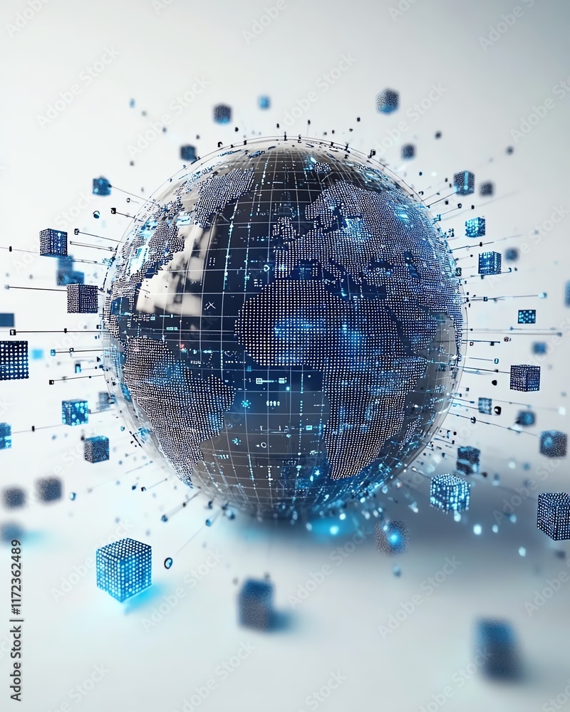Poster futuristic blue and silver digital globe resting on a clean white background, surrounded by tiny glo