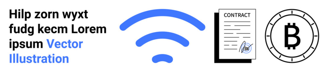 wireless symbol, digital contract, and cryptocurrency coin. Ideal for technology, digital communication, finance, contracts, blockchain, cryptocurrencies, and connectivity themes. Landing page