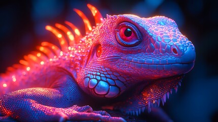 Fototapeta premium Neon Iguana Closeup Highlighting Vibrant Scales with Stunning Glowing Colors Illustration