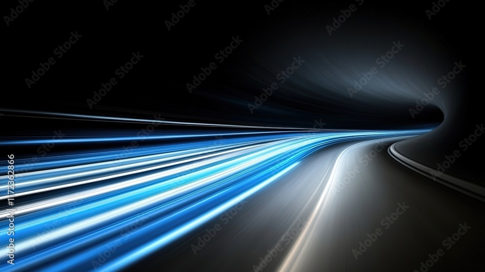 Poster futuristic light trails in a dark tunnel showing motion and speed
