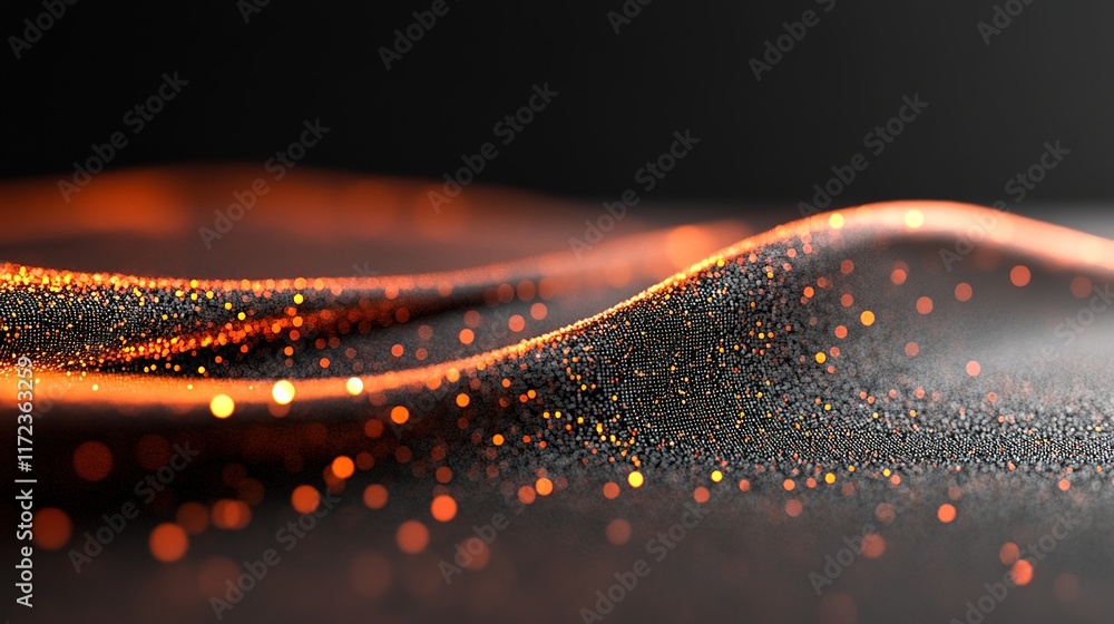 Poster glowing particles on soft flowing fabric surface in dark background