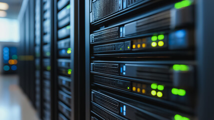 Data Center Powerhouse: A row of server racks hum with activity, their glowing lights and intricate hardware symbolizing the heart of modern technology and digital infrastructure. 