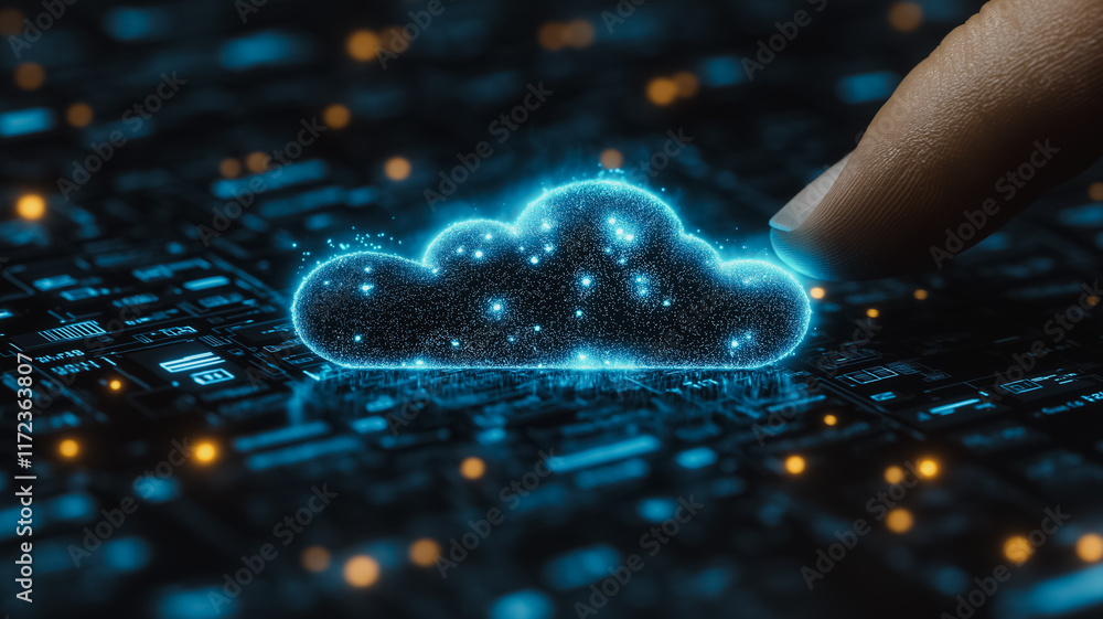 Poster cloud computing: a finger hovers over a glowing blue cloud icon, symbolizing the accessibility and p
