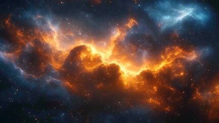 Naklejka premium Fiery cosmic nebula with orange and blue hues.