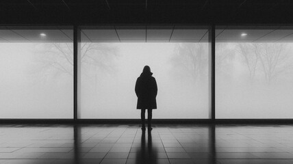 Fototapeta premium Silhouettes of Reflection: A solitary figure stands amidst a vast expanse of frosted glass, their silhouette a poignant reminder of the complexities of human existence, the vastness of the world.