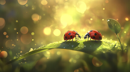couple of ladybugs on bright green leaf, surrounded by soft light