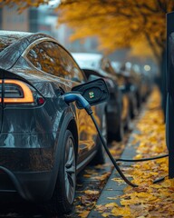 Electric car charging on a city street lined with autumn leaves.